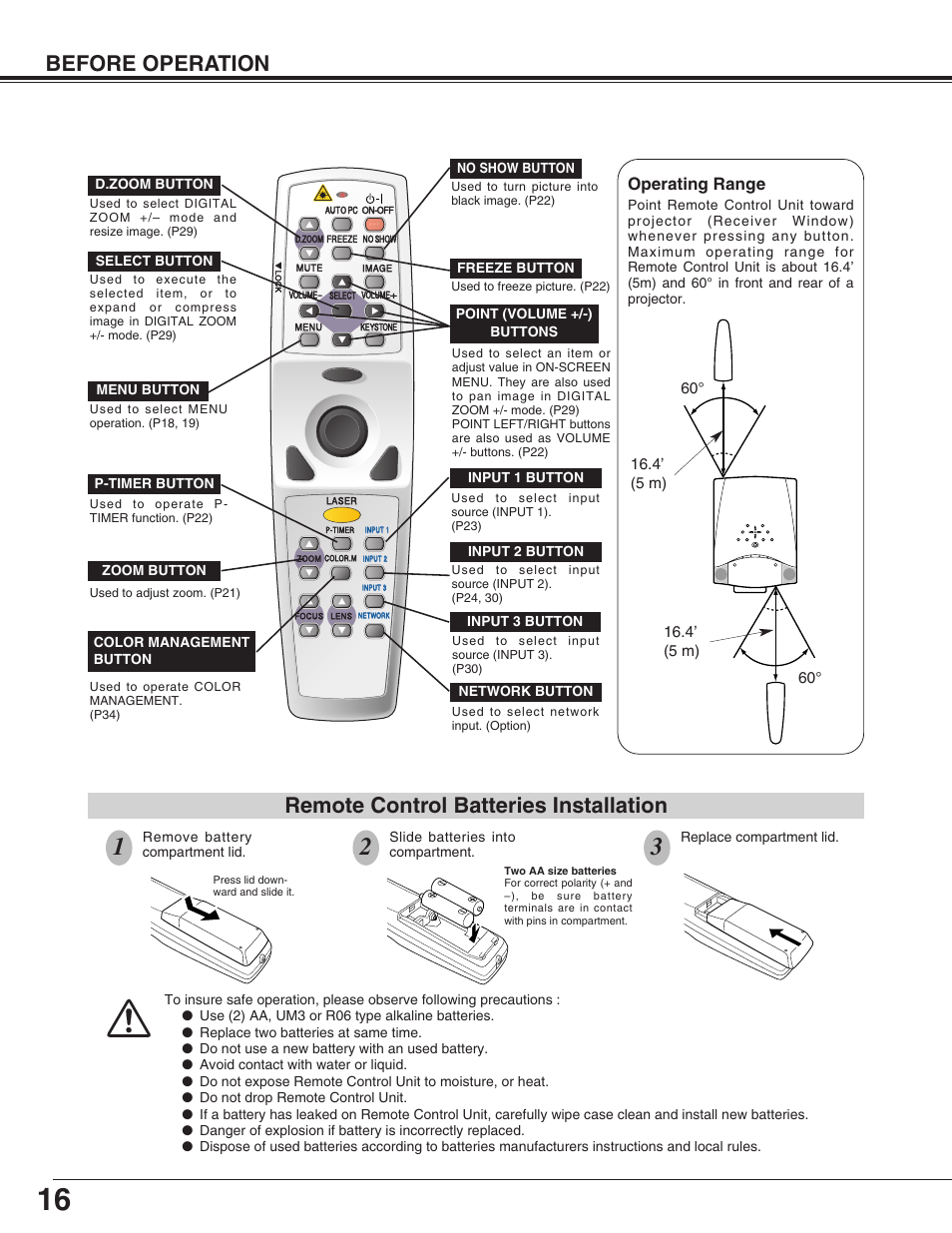 Before operation, Remote control batteries installation, Operating range | Sanyo PLC-XP55L User Manual | Page 16 / 56