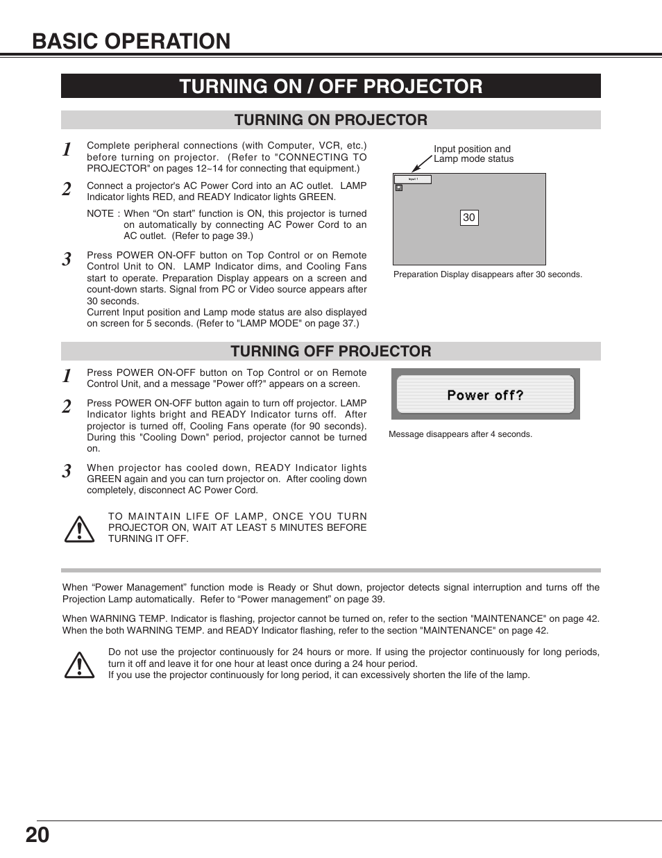 Basic operation, Turning on/off projector, 20 basic operation | Turning on / off projector 1 | Sanyo PLC-XP55L User Manual | Page 20 / 56