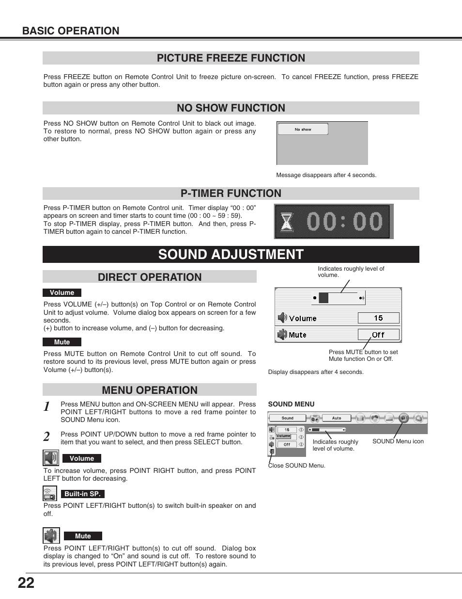 Picture freeze function, No show function, P-timer function | Sound adjustment, Direct operation, Menu operation, Basic operation, No show function picture freeze function, Direct operation menu operation | Sanyo PLC-XP55L User Manual | Page 22 / 56