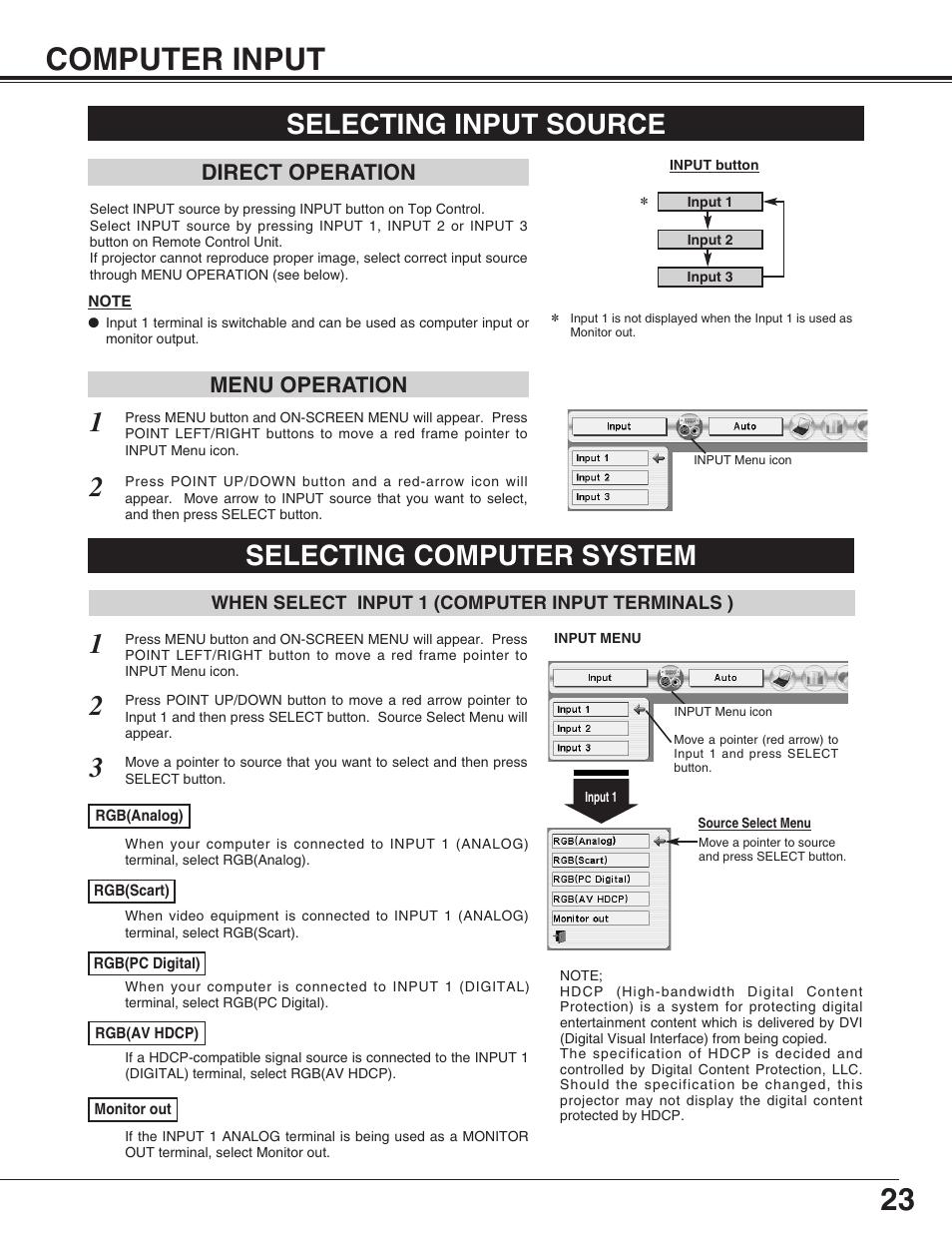 Computer input, Selecting input source, Selecting computer system | When select input 1(computer input terminals), 23 computer input, Direct operation, Menu operation | Sanyo PLC-XP55L User Manual | Page 23 / 56