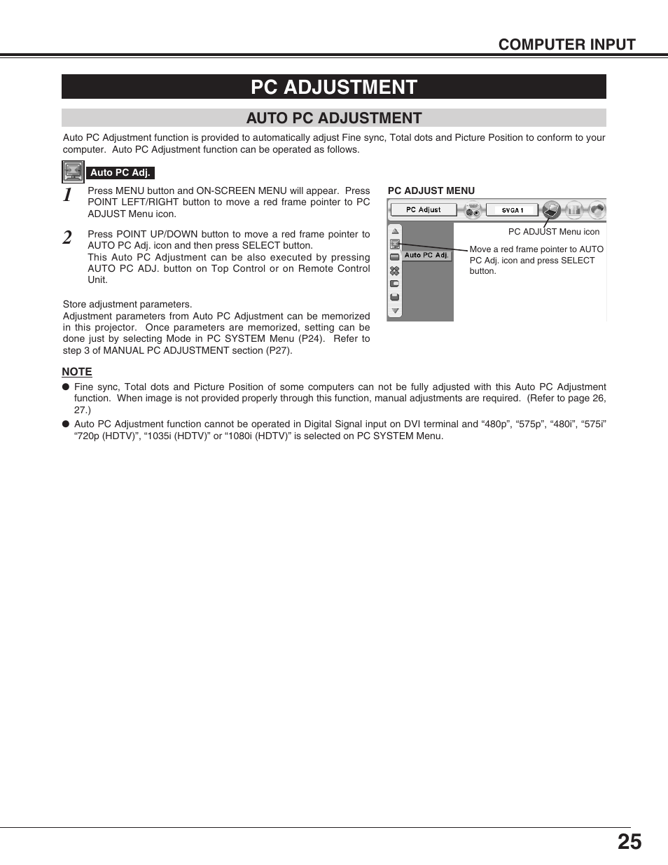 Pc adjustment, Auto pc adjustment | Sanyo PLC-XP55L User Manual | Page 25 / 56