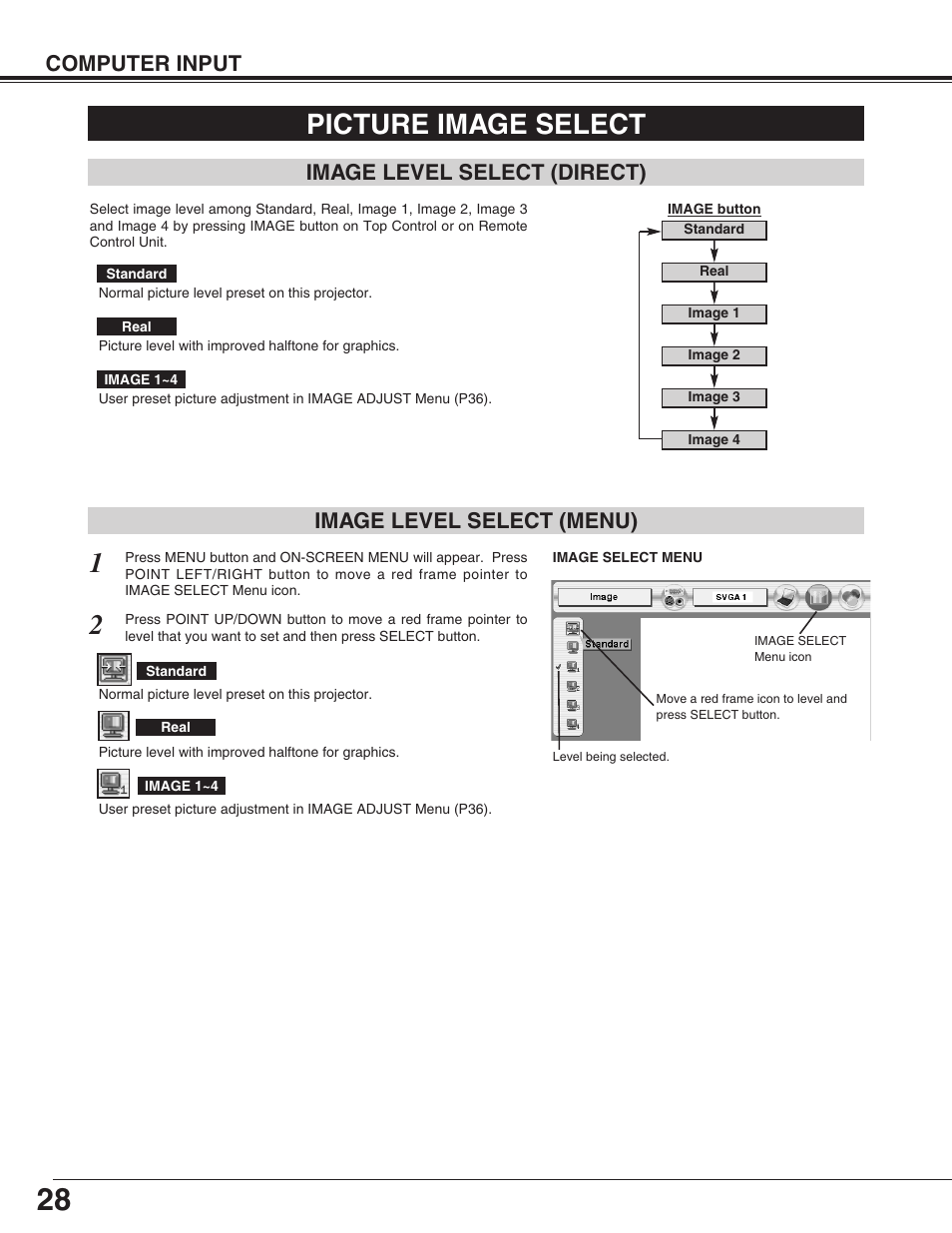 Picture image select, Image level select(direct), Image level select(menu) | Computer input, Image level select (menu), Image level select (direct) | Sanyo PLC-XP55L User Manual | Page 28 / 56