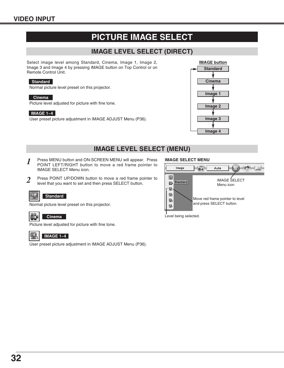 Picture image selection, Image level select(direct), Image level select(menu) | Picture image select, Video input, Image level select (menu), Image level select (direct) | Sanyo PLC-XP55L User Manual | Page 32 / 56