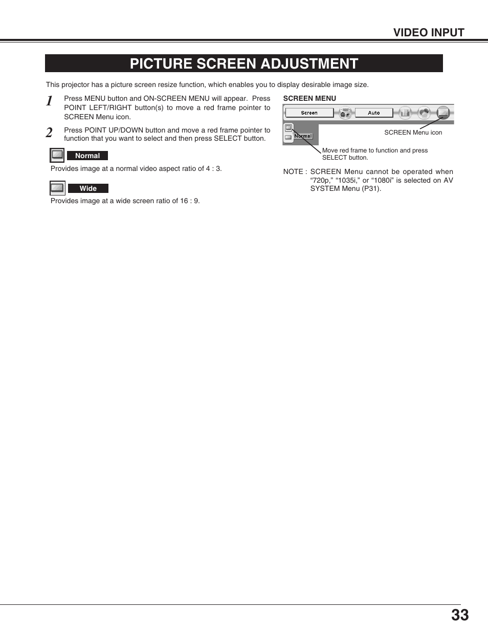 Picture screen adjustment | Sanyo PLC-XP55L User Manual | Page 33 / 56