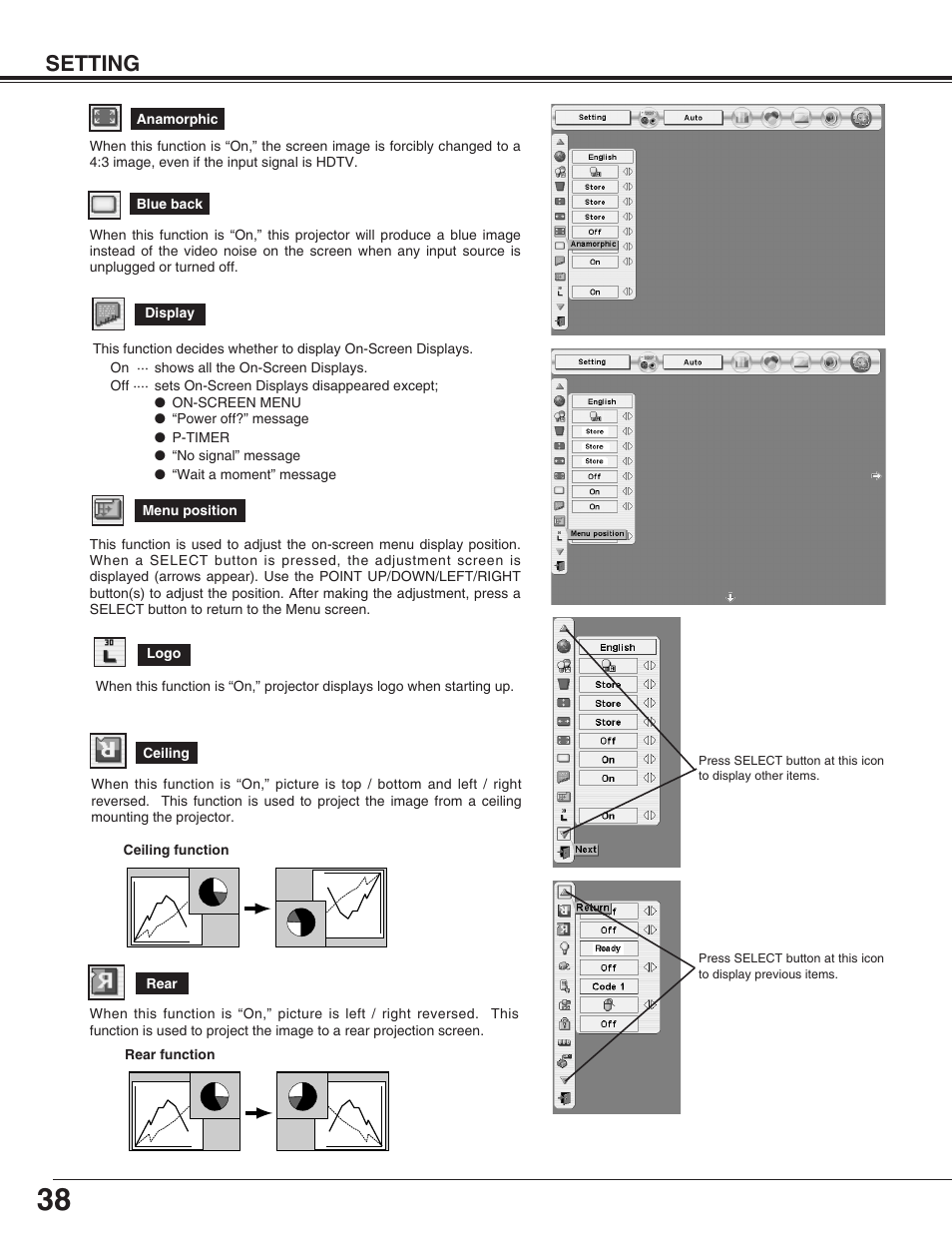 Setting | Sanyo PLC-XP55L User Manual | Page 38 / 56