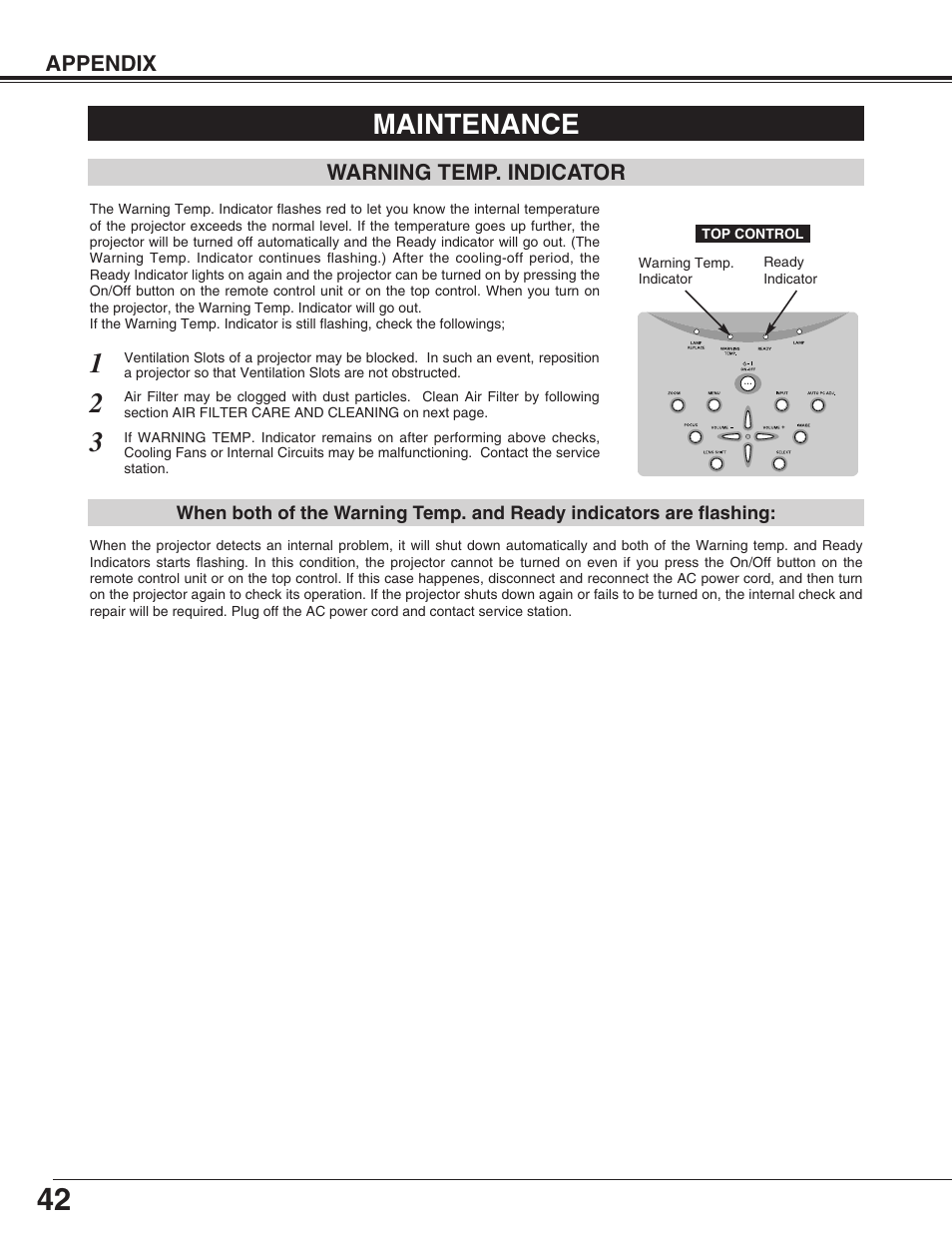 Maintenance, Warning temp. indicator | Sanyo PLC-XP55L User Manual | Page 42 / 56