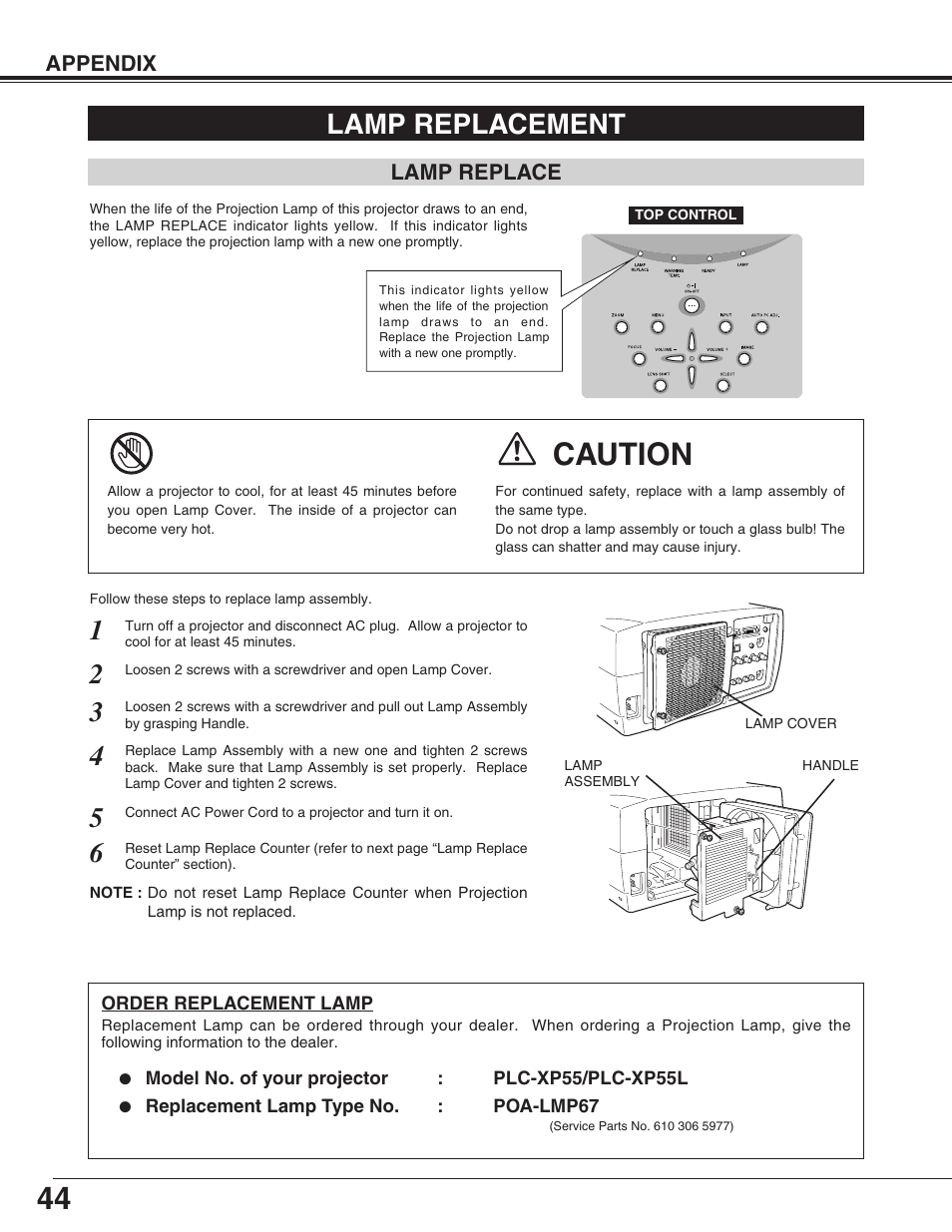 Lamp replacement, Lamp replace, Caution | Sanyo PLC-XP55L User Manual | Page 44 / 56