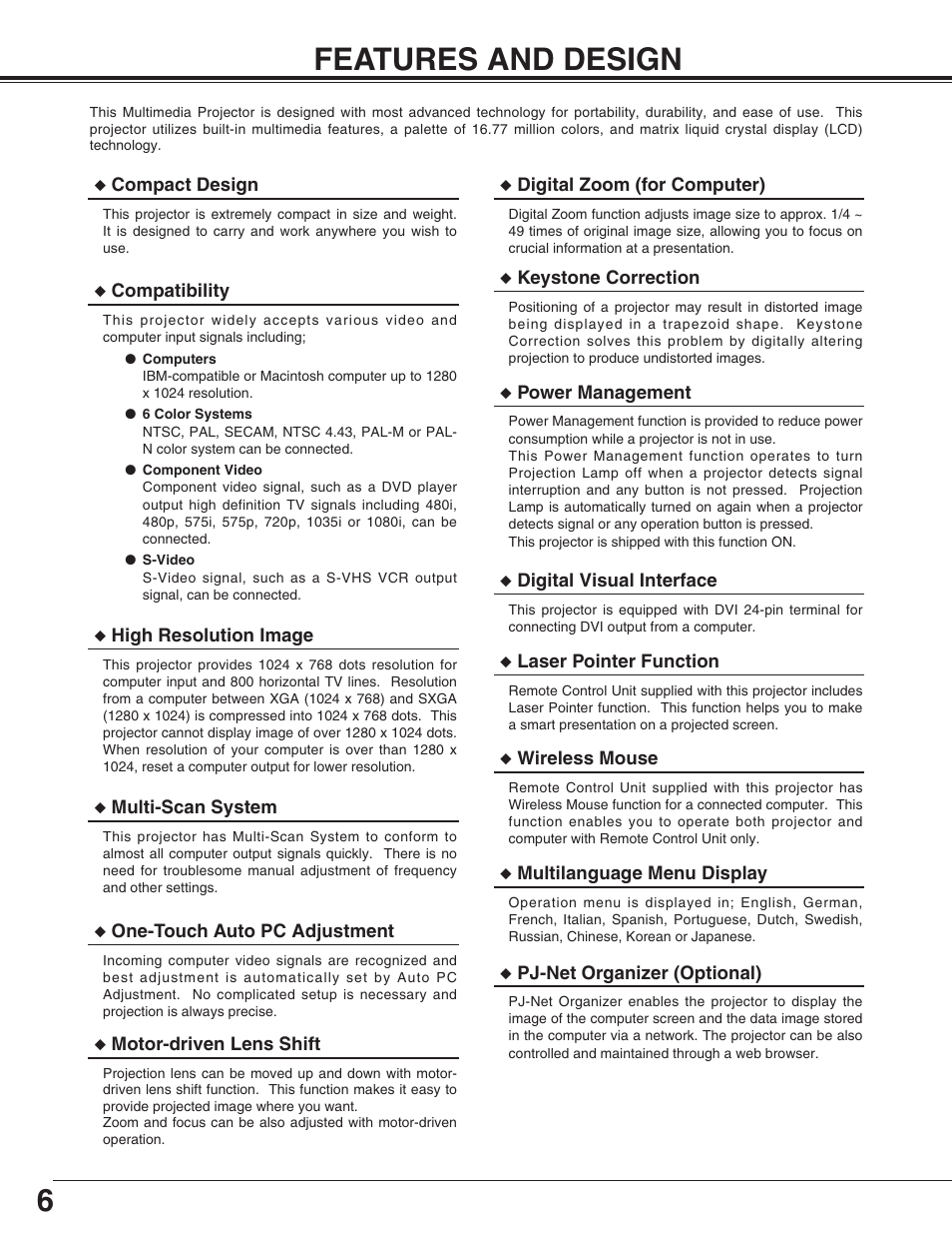 Features and disign, 6features and design | Sanyo PLC-XP55L User Manual | Page 6 / 56