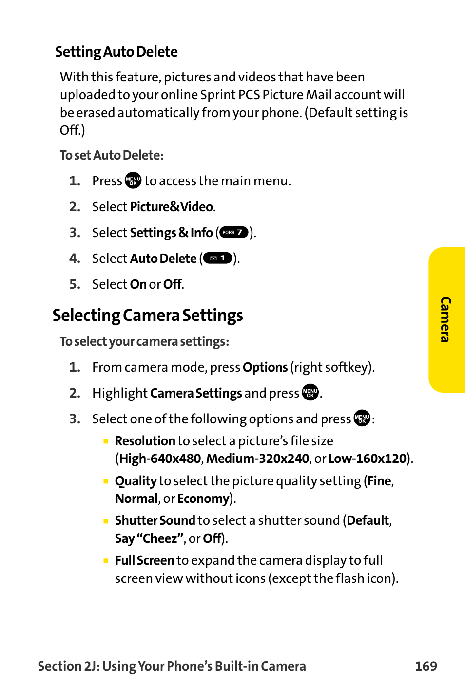 Selecting camera settings, Setting auto delete | Sanyo MM-8300 User Manual | Page 179 / 324