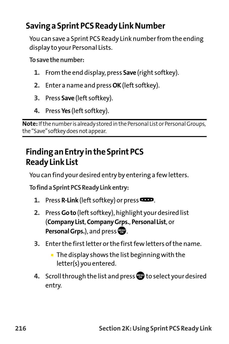 Saving a sprint pcs ready link number, Finding an entry in the sprint pcs ready link list | Sanyo MM-8300 User Manual | Page 226 / 324