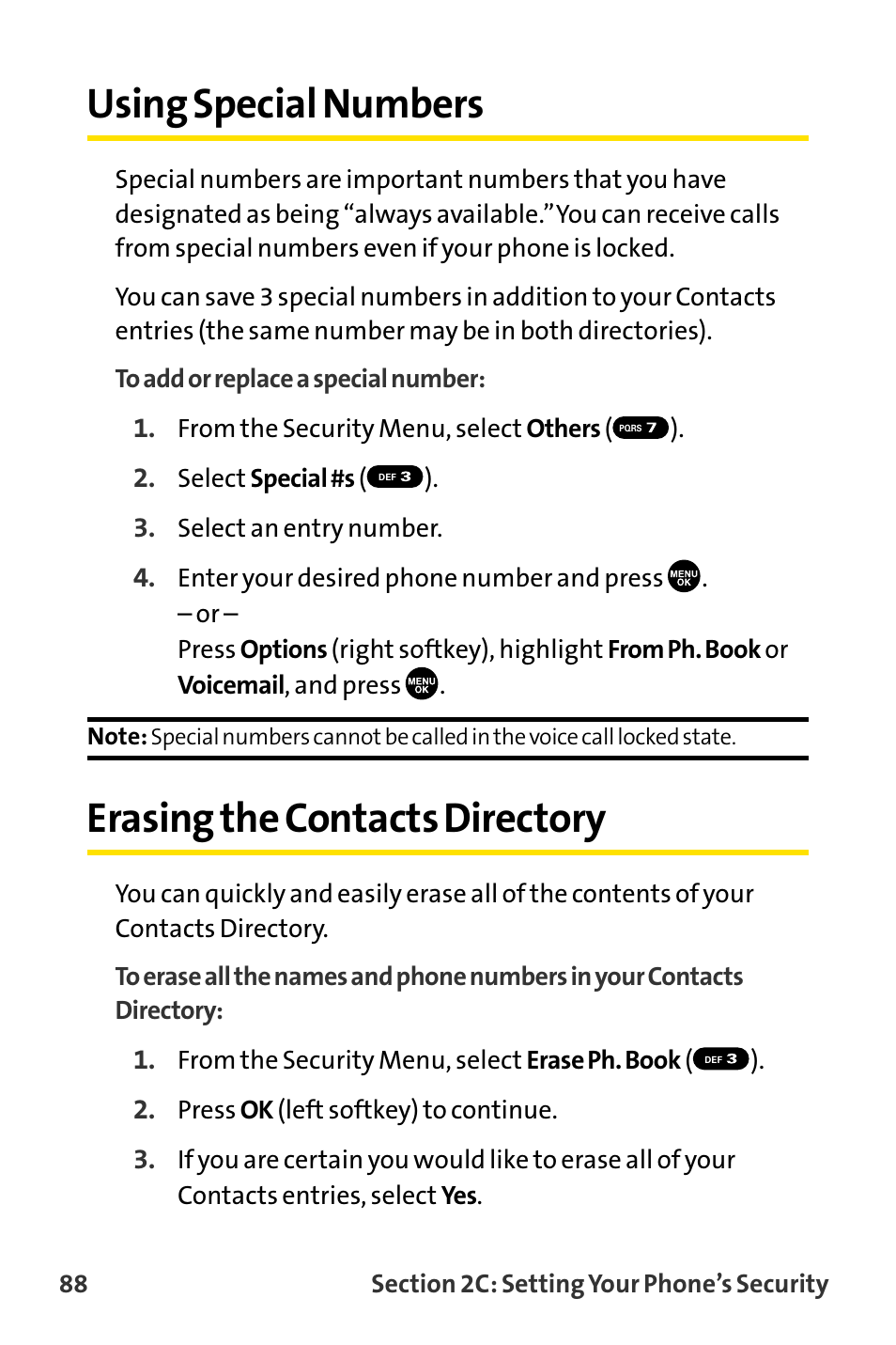 Using special numbers, Erasing the contacts directory | Sanyo MM-8300 User Manual | Page 98 / 324