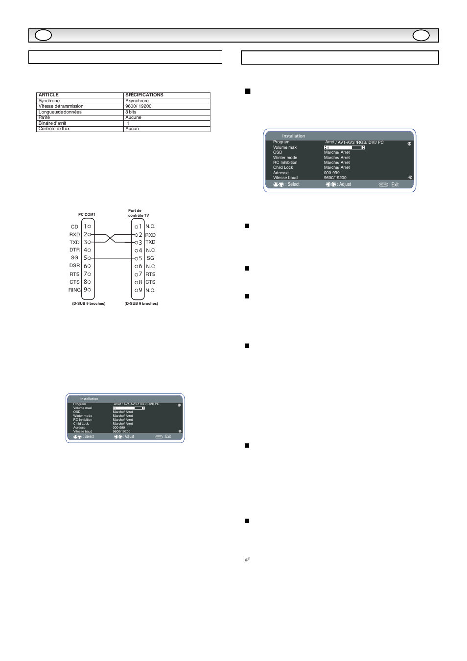 Fonctionnement du pc, Réglages du rs232c, Installation | Sanyo CE42LE1 User Manual | Page 18 / 64