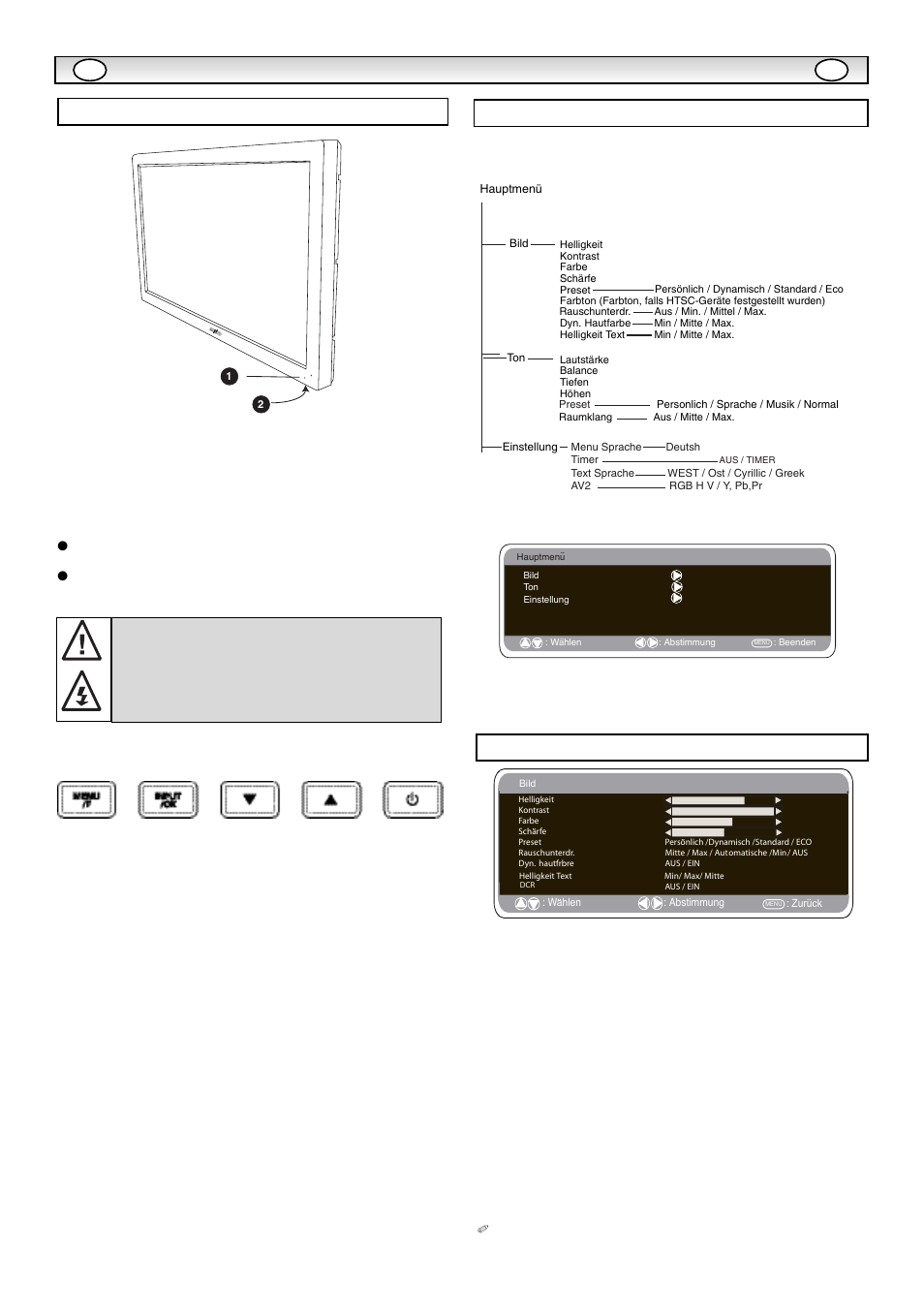 Anschluss, Anschlüsse, Menübetrieb | Bedienungselemente, Bild-menü, Schalten in den/aus dem standby-modus, Input/ok | Sanyo CE42LE1 User Manual | Page 26 / 64
