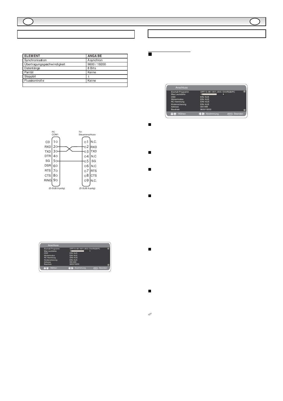 Rs232c betrieb/anschlussmenü, Einstellungen rs232c, Anschlussmenü | Senderposition beim einschalten | Sanyo CE42LE1 User Manual | Page 28 / 64