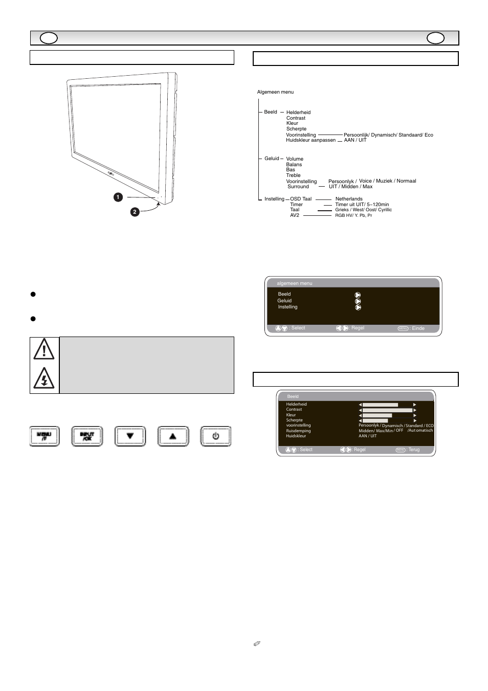Inst, Inst alla alla tie tie, Bedieningsknoppen en menu’s | Beeldmenu, Menuwerking, Invoer/ ok knop, E d knoppen, 4knop | Sanyo CE42LE1 User Manual | Page 36 / 64