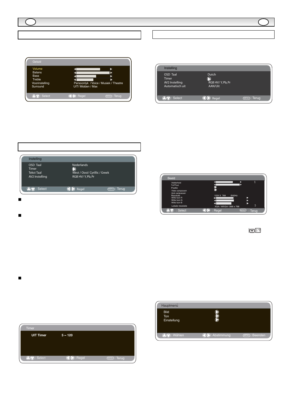 Menuwerking, Instellingenmenu, Menu-instellingen pc | Geluidsmenu | Sanyo CE42LE1 User Manual | Page 37 / 64