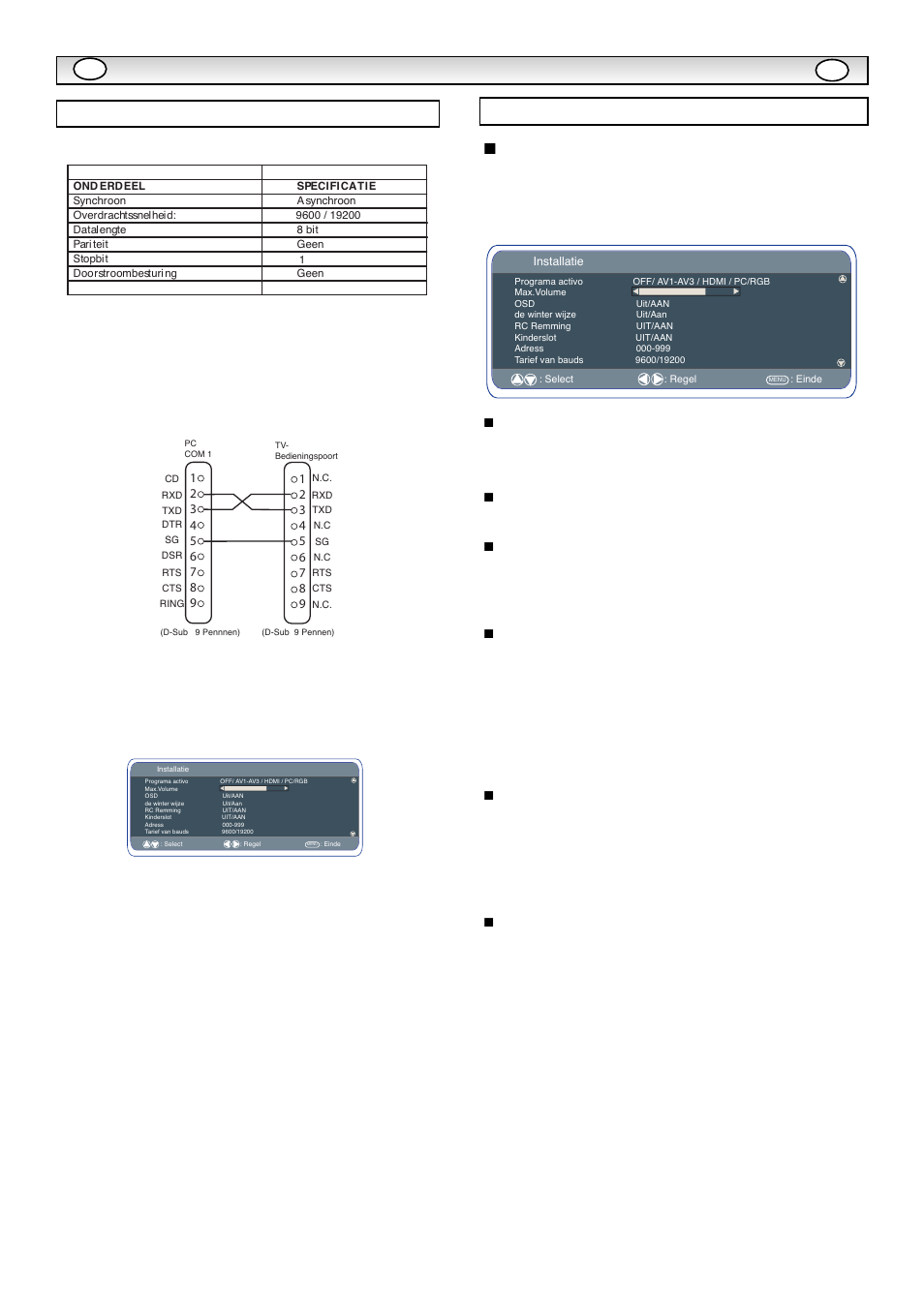 Bestruring via pc, Instellingen rs232c, Installatiemenu | Programmapositie bij aanzetten | Sanyo CE42LE1 User Manual | Page 38 / 64