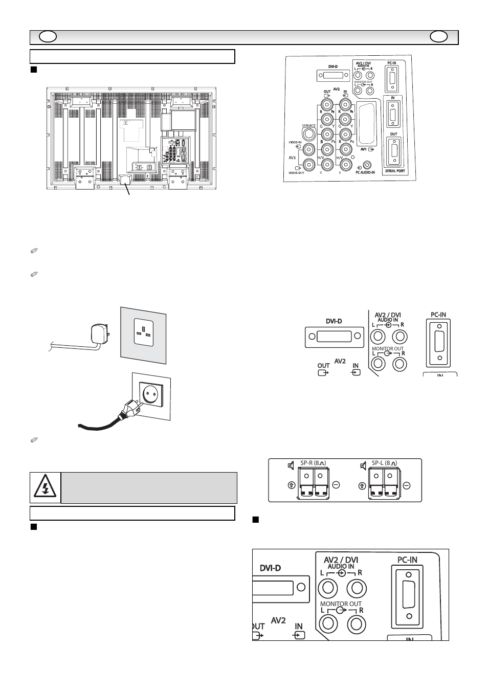 Inst, Inst alla alla tion tion, Step : 1 mains connection | Step : 2 connections, Use of monitor audio output connections, Dvi-d, Av1 pc audio-in out out in in av2 av2 | Sanyo CE42LE1 User Manual | Page 4 / 64