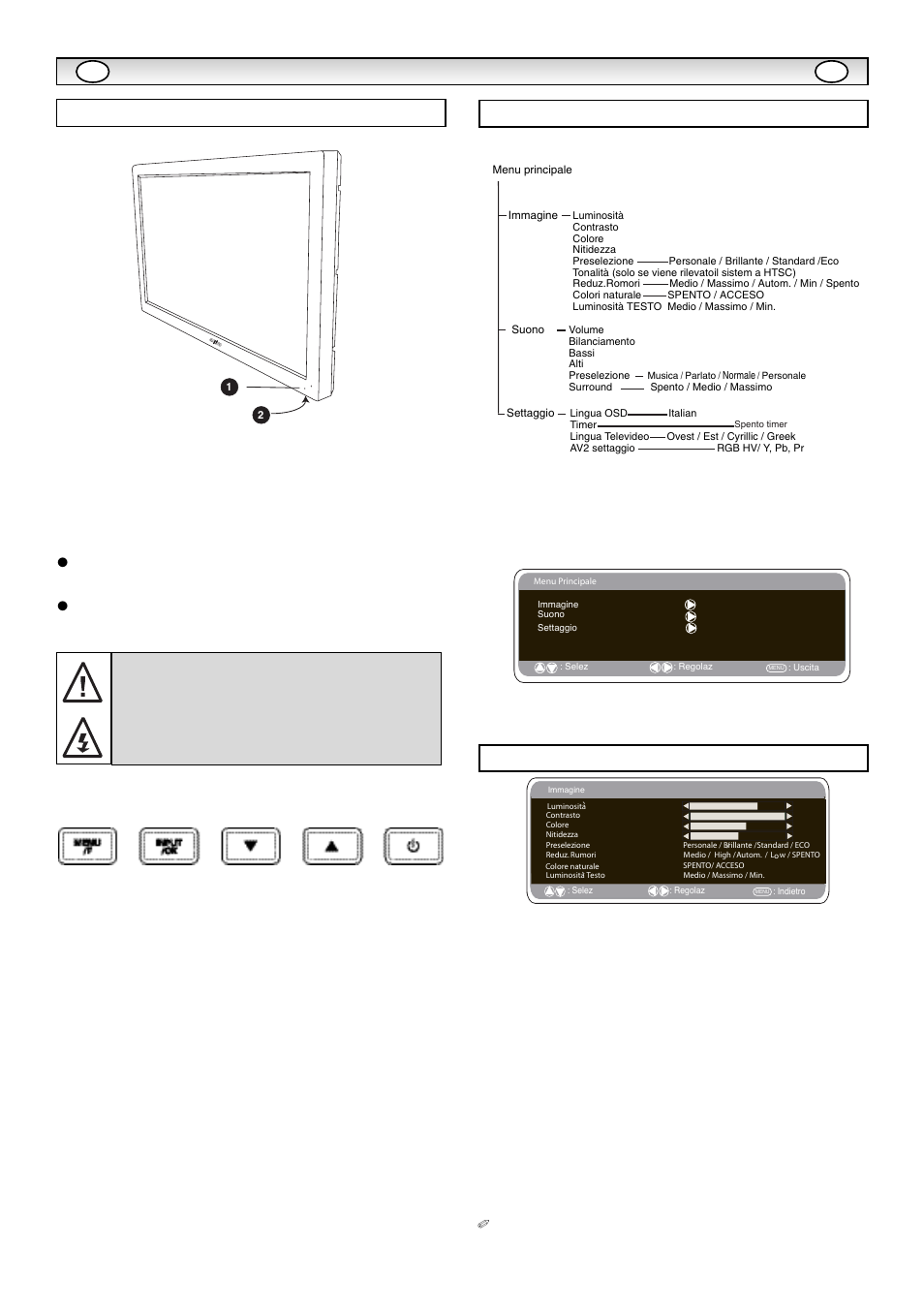 Inst, Inst allazione allazione, Comandi / terminali menu imagine | Funzionamento del menu, Tasto input/ok, Pulsanti e d, Pulsante 4 | Sanyo CE42LE1 User Manual | Page 46 / 64