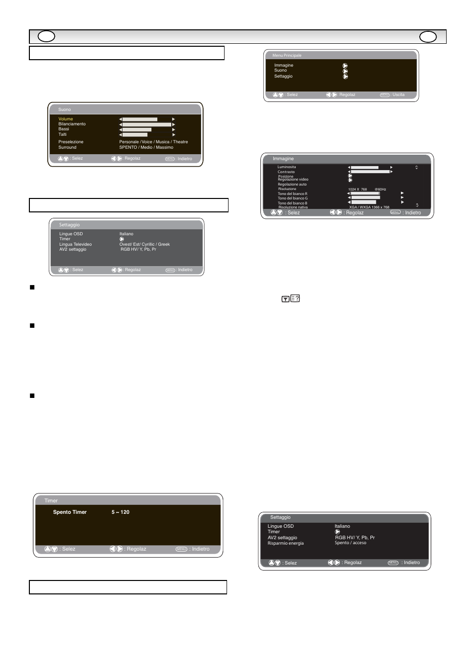 Funzionament, Menu settaggio, Impostazioni menu pc | Menu suono | Sanyo CE42LE1 User Manual | Page 47 / 64