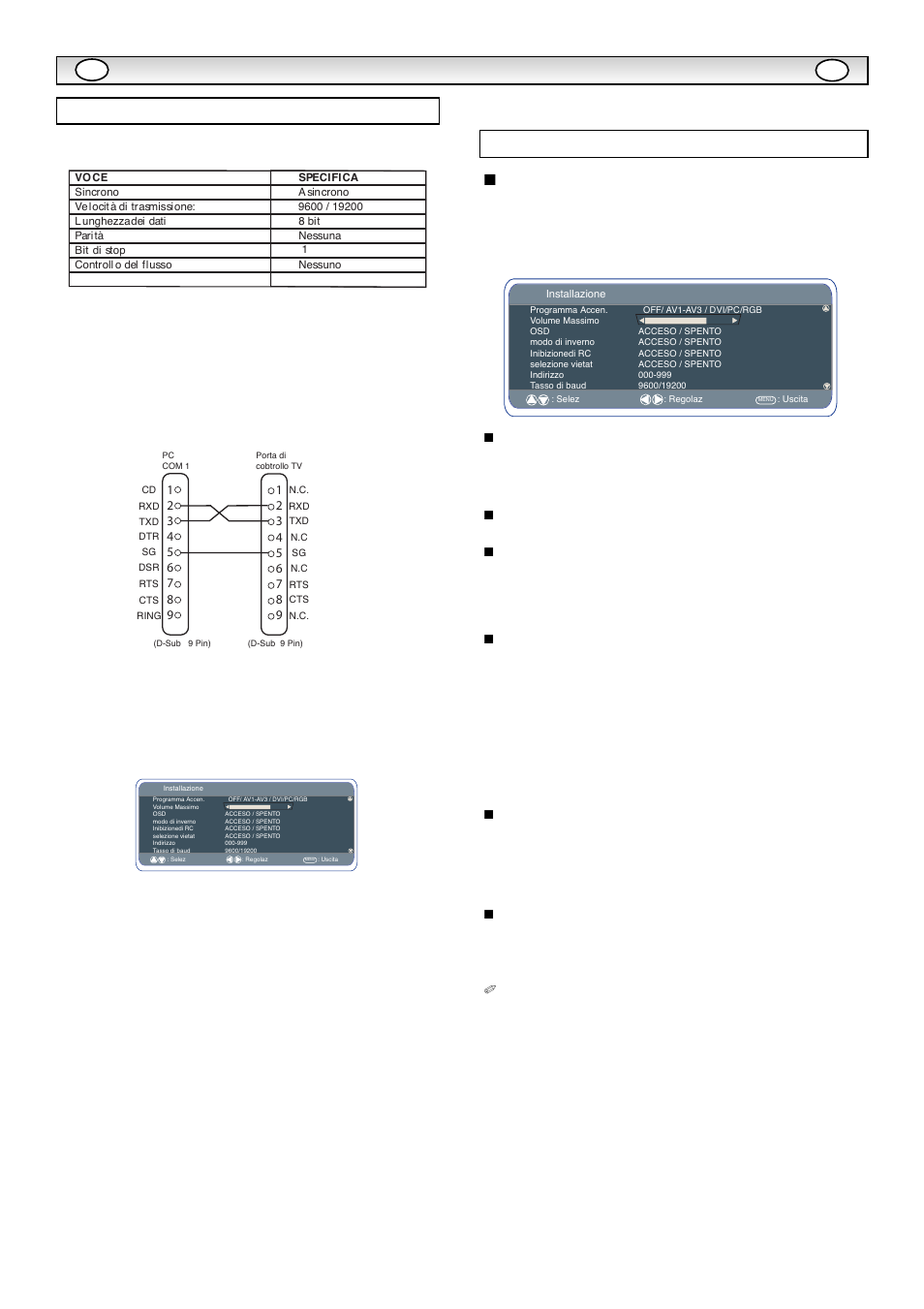 Funzionament, Impostazioni rs232c, Installazione | Posizione programmi all’avvio | Sanyo CE42LE1 User Manual | Page 48 / 64