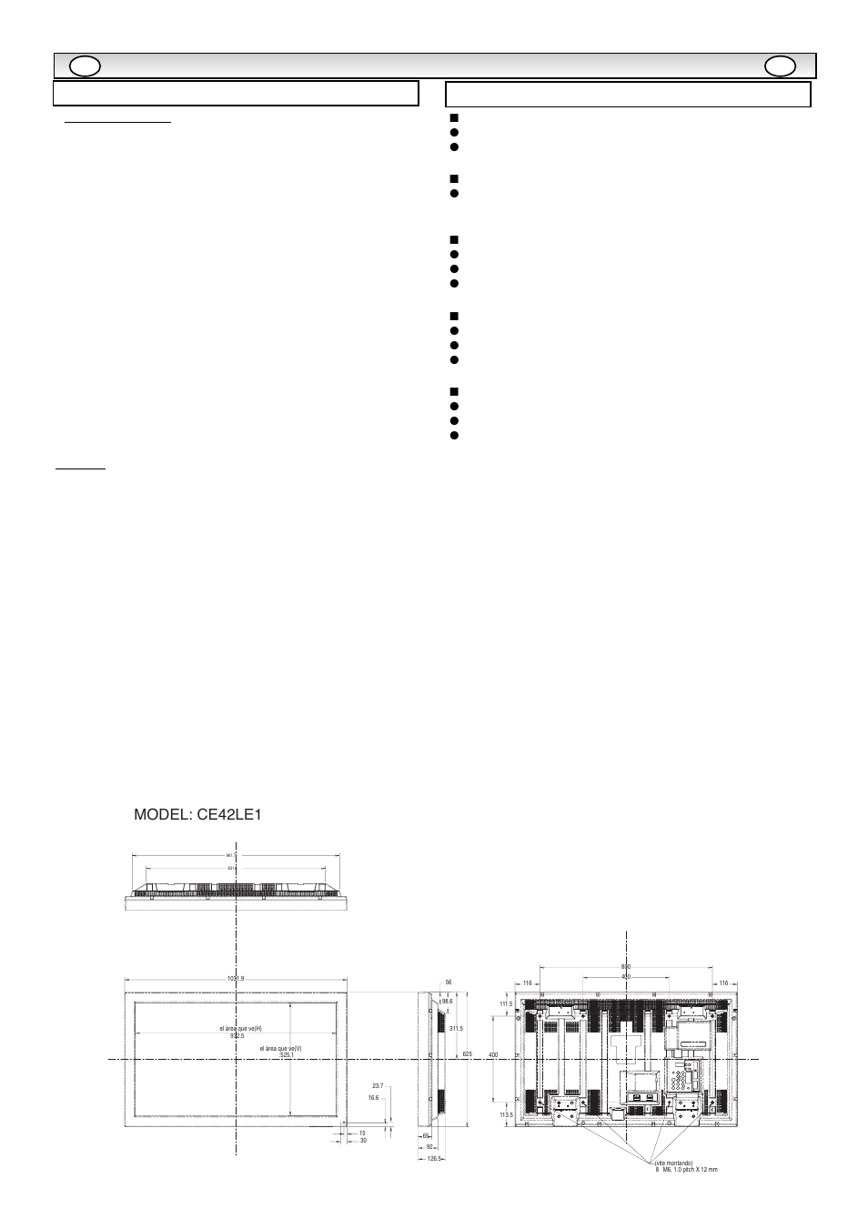 Specifiche tecniche / consigli utili, Consigli utili specifiche tv, Model: ce42le1 | Sanyo CE42LE1 User Manual | Page 50 / 64