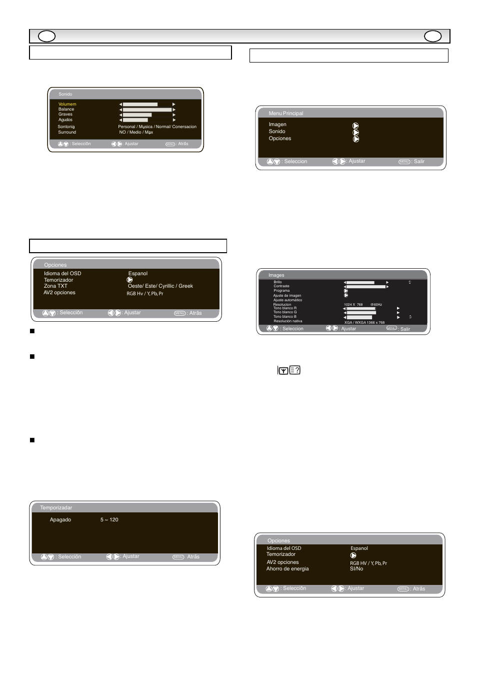 Funcionamient, Funcionamient o del o del menú menú, Menú de configuracion | Ajustes del menú del pc, Menú de sonido | Sanyo CE42LE1 User Manual | Page 57 / 64