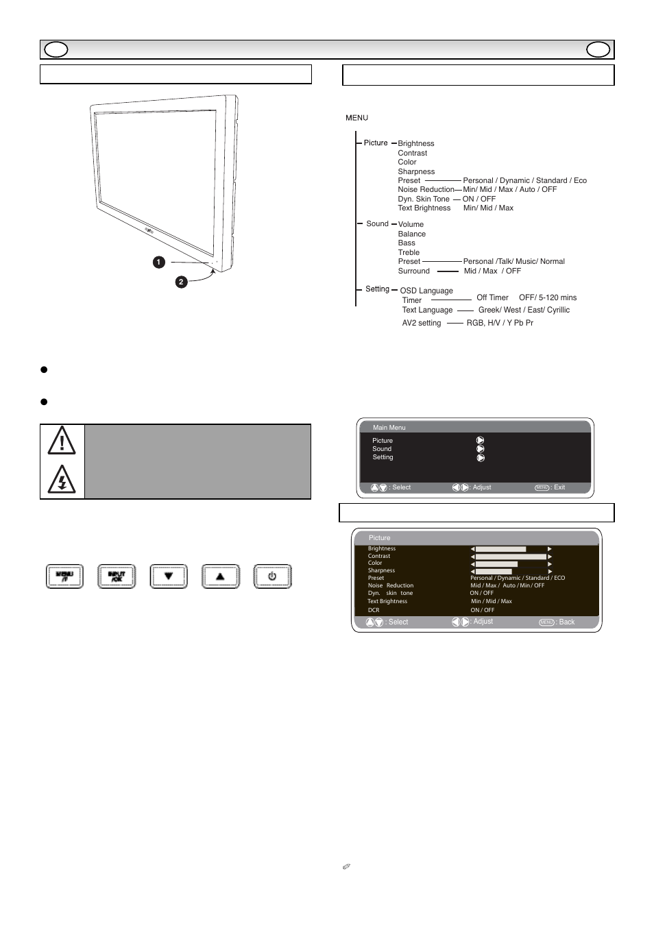 Inst, Inst alla alla tion tion, Controls and menus | Picture menu, Menu operation, Menu/f button, Input/ ok button: s, Buttons, 4button | Sanyo CE42LE1 User Manual | Page 6 / 64