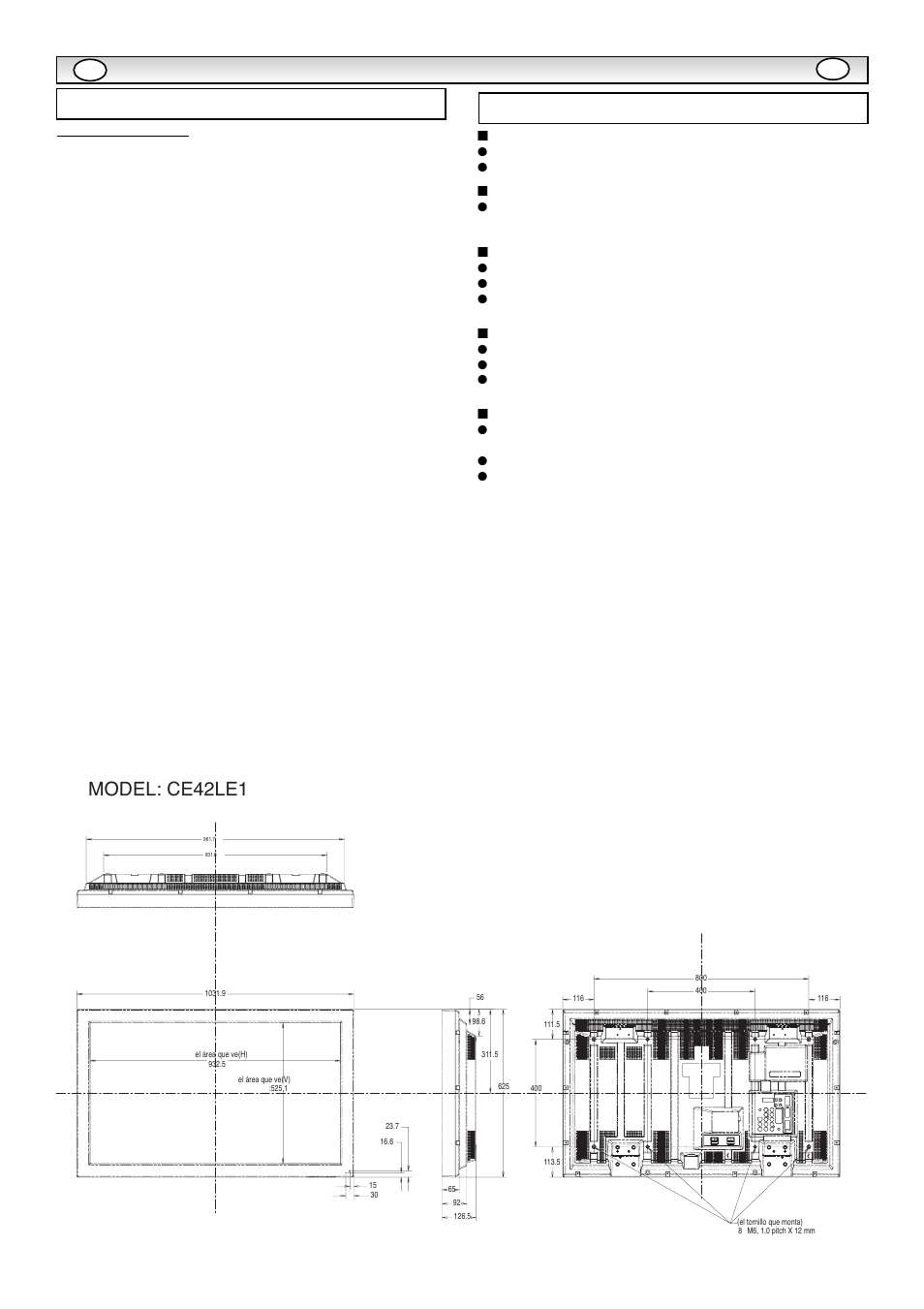 Especificaciones consejos útiles, Model: ce42le1, Especificaciones / consejos útiles | Sanyo CE42LE1 User Manual | Page 60 / 64