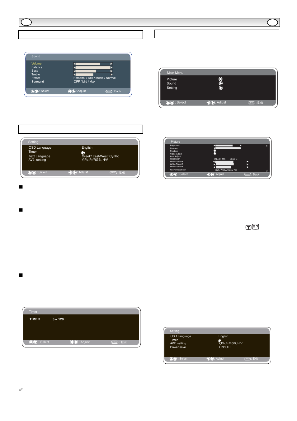 Menu opera, Menu opera tion tion, Setting menu | Pc menu settings, Sound menu, Osd language, Av2 setting, Off-timer setting | Sanyo CE42LE1 User Manual | Page 7 / 64