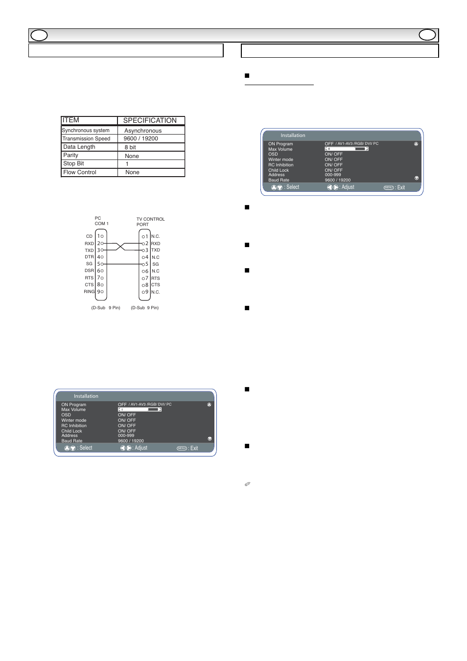 Pc opera, Rs232c settings, Installation menu | Sanyo CE42LE1 User Manual | Page 8 / 64