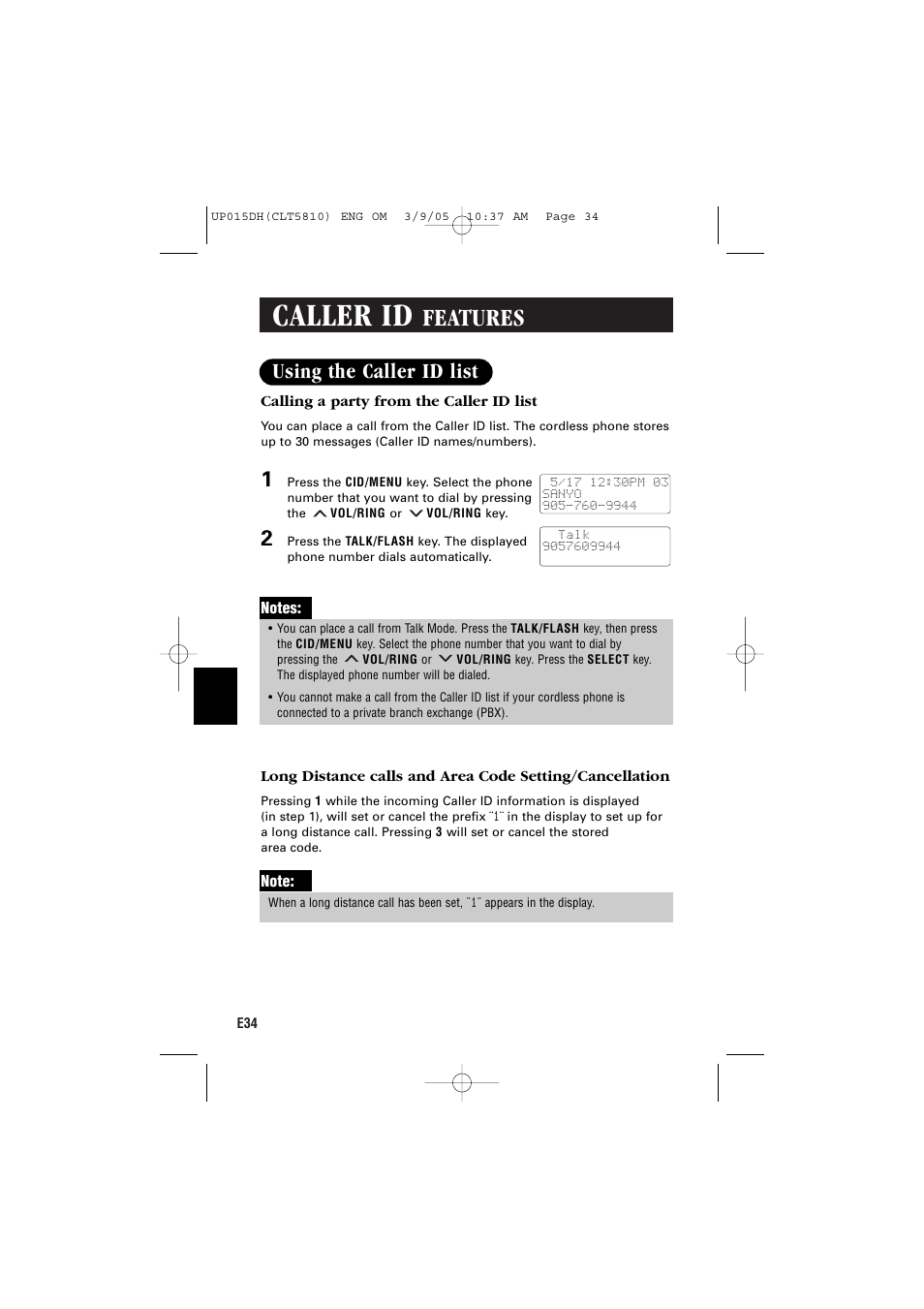 Caller id, Features, Using the caller id list | Sanyo CLT-5810 User Manual | Page 36 / 48