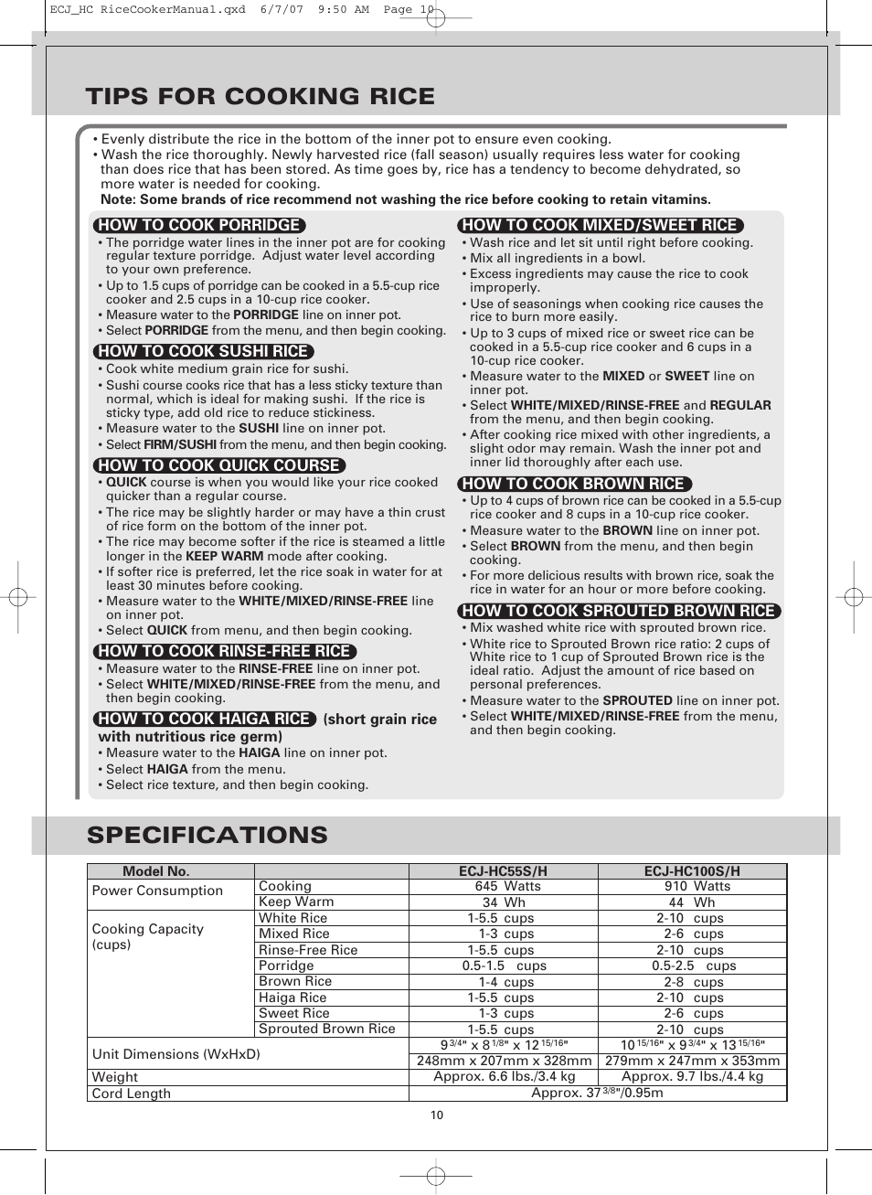 Tips for cooking rice, Specifications | Sanyo ECJ-HC100H User Manual | Page 10 / 21