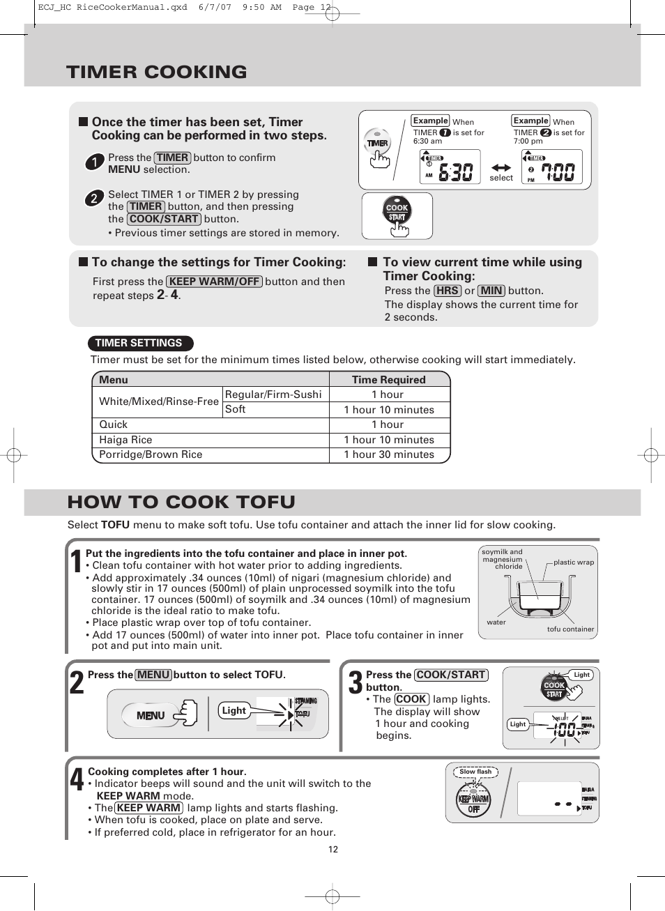Timer cooking, How to cook tofu | Sanyo ECJ-HC100H User Manual | Page 12 / 21