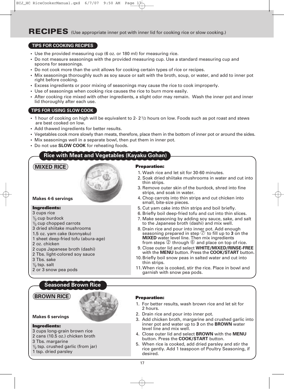 Recipes, Brown rice seasoned brown rice | Sanyo ECJ-HC100H User Manual | Page 17 / 21