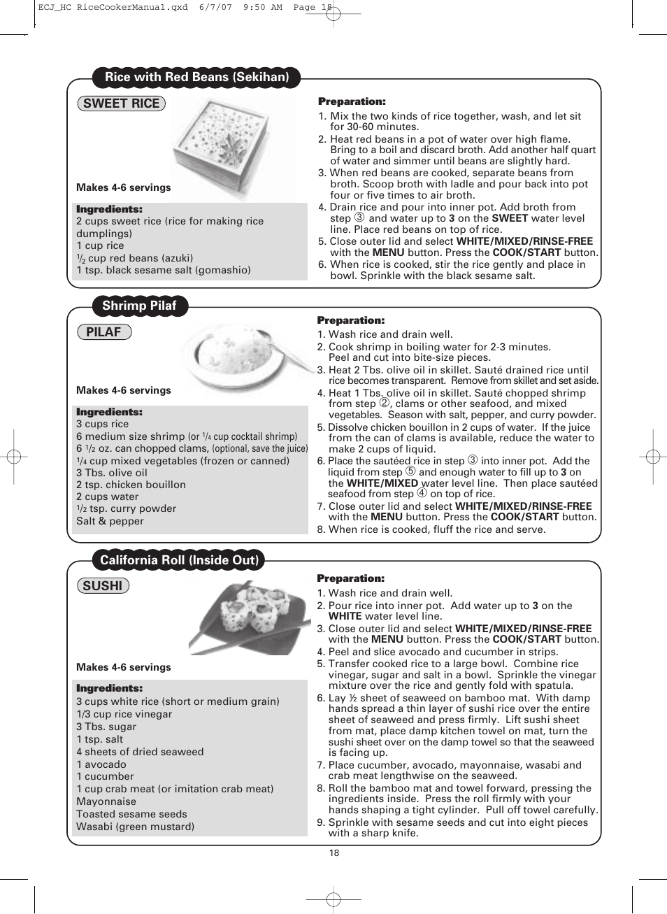 Sweet rice rice with red beans (sekihan), Shrimp pilaf pilaf, California roll (inside out) sushi | Sanyo ECJ-HC100H User Manual | Page 18 / 21