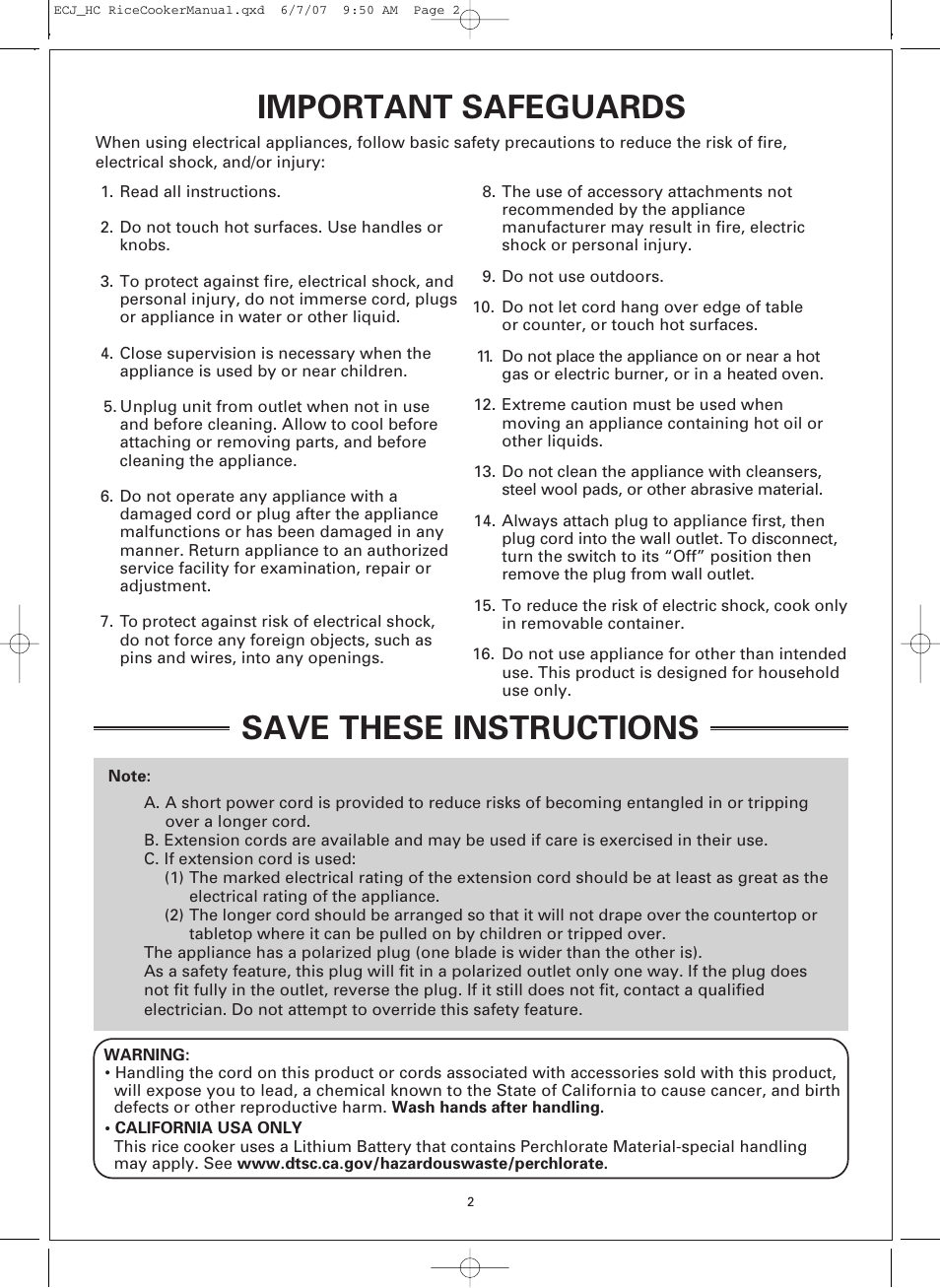 Important safeguards, Save these instructions | Sanyo ECJ-HC100H User Manual | Page 2 / 21