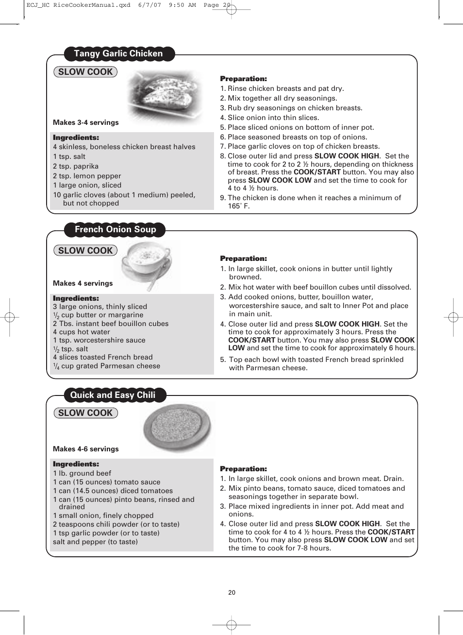 Quick and easy chili slow cook, French onion soup slow cook, Slow cook tangy garlic chicken | Sanyo ECJ-HC100H User Manual | Page 20 / 21