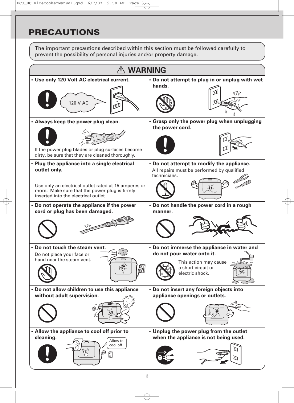 Precautions, Warning | Sanyo ECJ-HC100H User Manual | Page 3 / 21