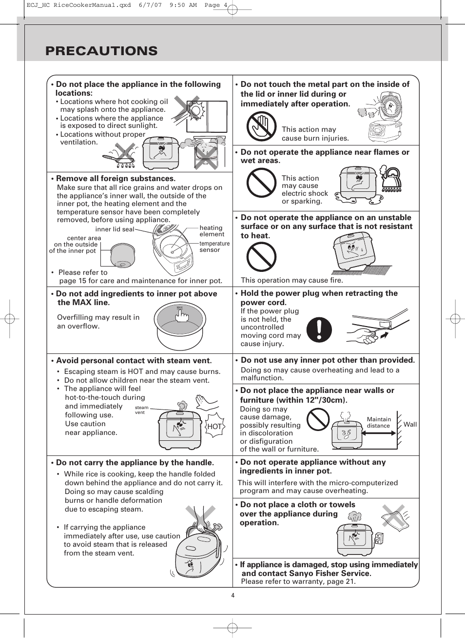Precautions | Sanyo ECJ-HC100H User Manual | Page 4 / 21