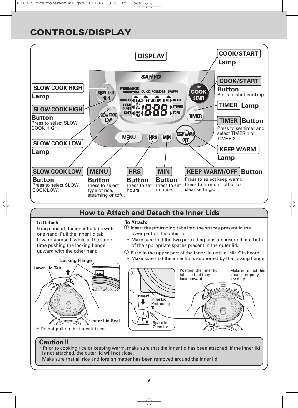 Controls/display, How to attach and detach the inner lids, Lamp | Display caution | Sanyo ECJ-HC100H User Manual | Page 6 / 21