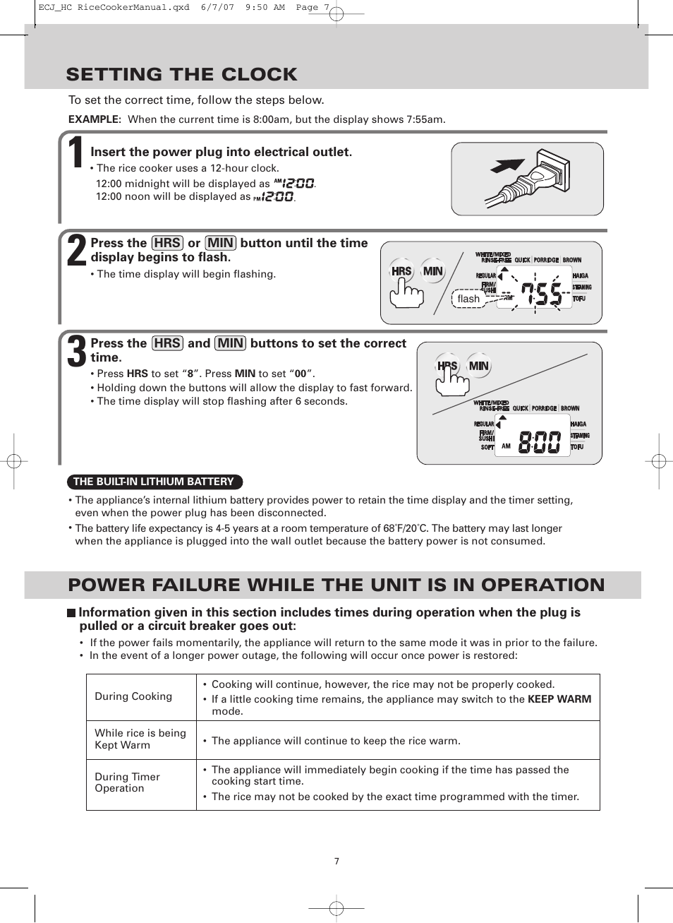 Setting the clock, Power failure while the unit is in operation | Sanyo ECJ-HC100H User Manual | Page 7 / 21