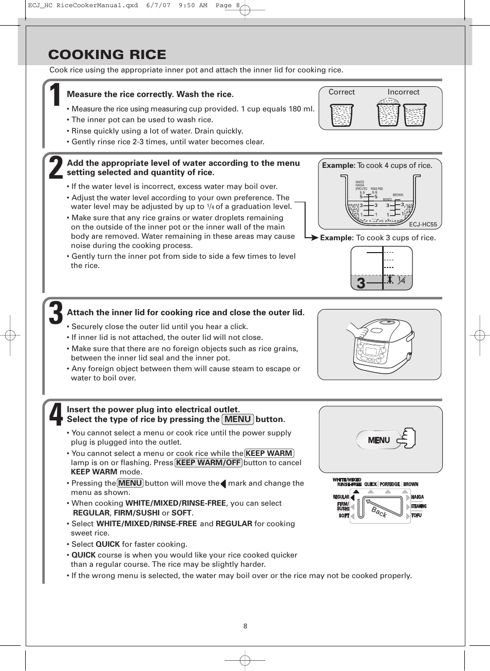 Cooking rice | Sanyo ECJ-HC100H User Manual | Page 8 / 21