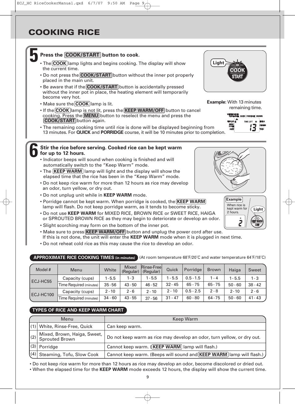 Cooking rice | Sanyo ECJ-HC100H User Manual | Page 9 / 21