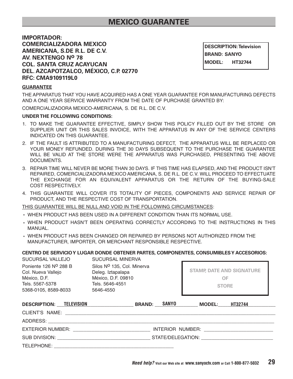 Mexico guarantee | Sanyo HT32744 User Manual | Page 29 / 62