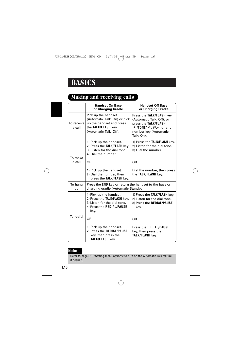 Basics, Making and receiving calls | Sanyo CLT-5812 User Manual | Page 18 / 48