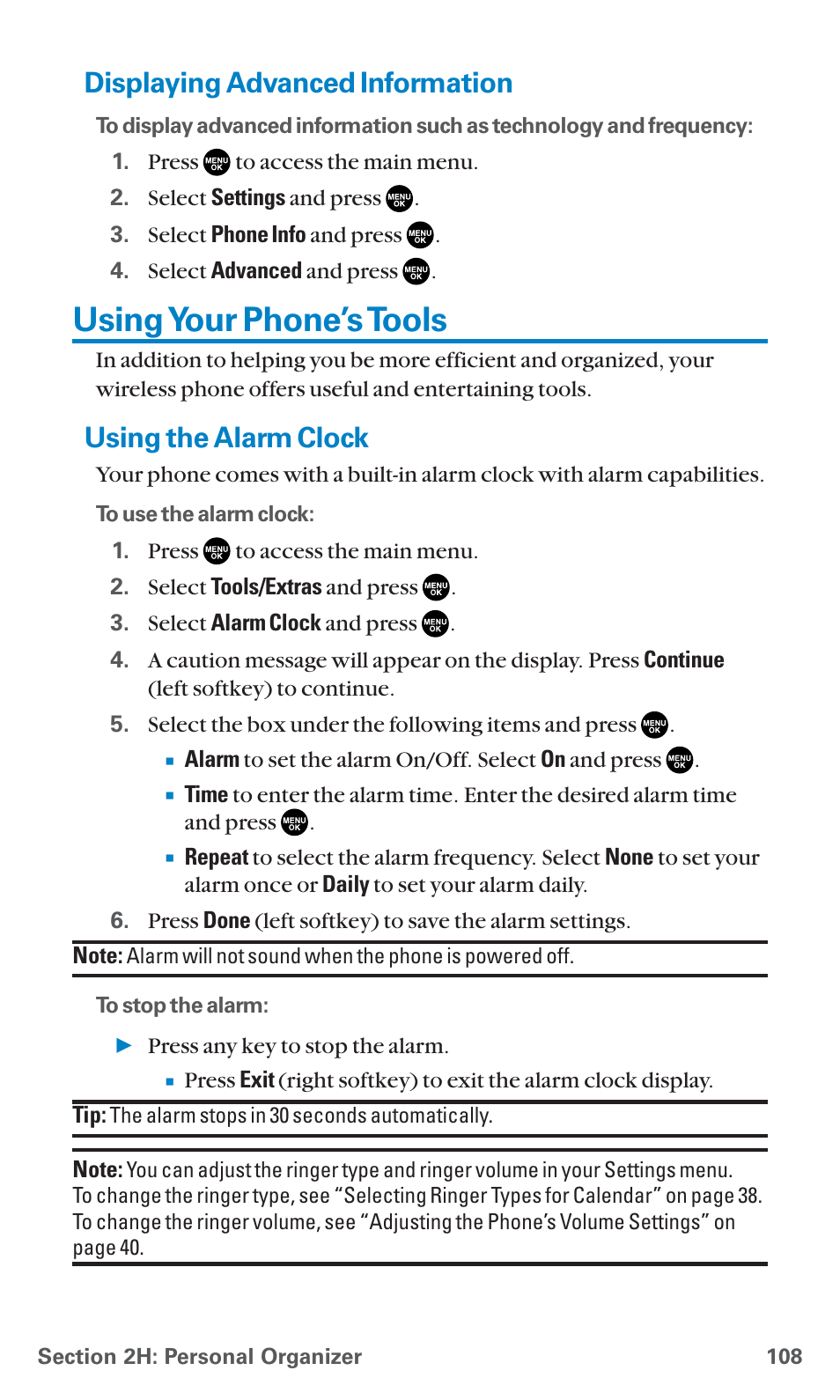 Displaying advanced information, Using your phone’s tools, Using the alarm clock | Sanyo PCS Vision PM-8200 User Manual | Page 120 / 257