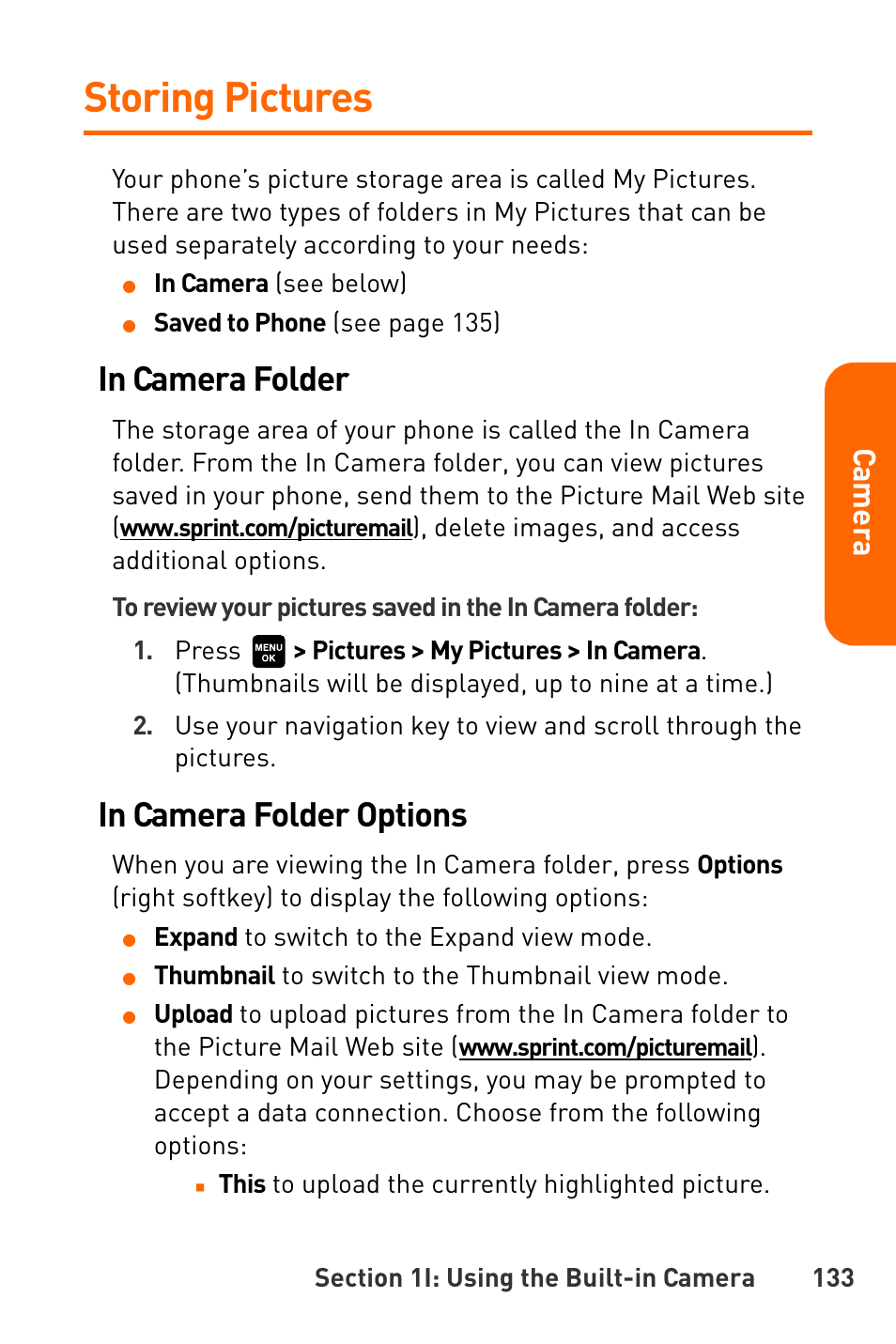 Storing pictures, Cam e ra | Sanyo Katana User Manual | Page 146 / 216