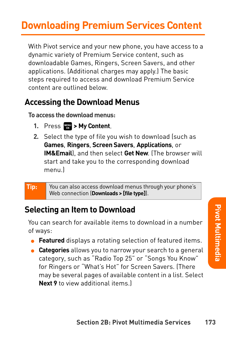 Downloading premium services content, Accessing the download menus, Selecting an item to download | Sanyo Katana User Manual | Page 186 / 216