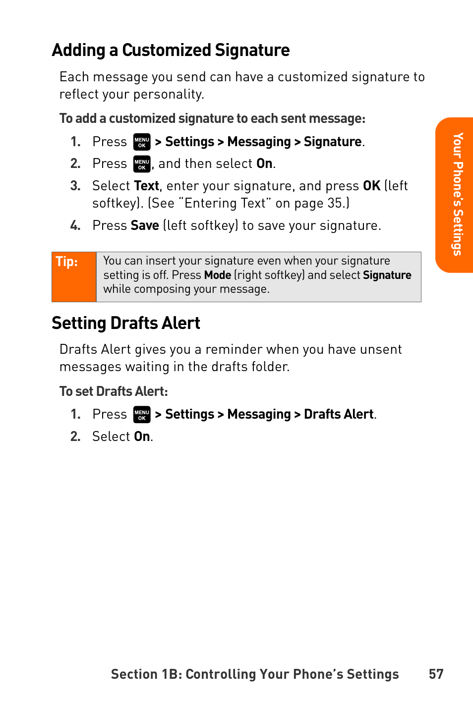 Adding a customized signature, Setting drafts alert | Sanyo Katana User Manual | Page 70 / 216